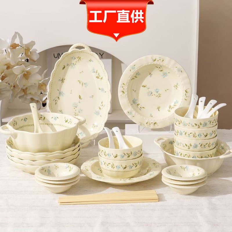 Lanling flower language underglaze color ceramic bowl and dish set household high-value tableware gift housewarming new plate soup bowl