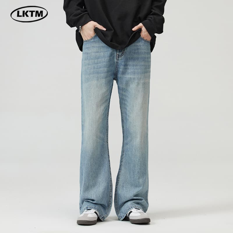 LKTM Men's Wear#American high street washed light blue bootcut jeans men's trendy brand high-end slim floor mopping pants