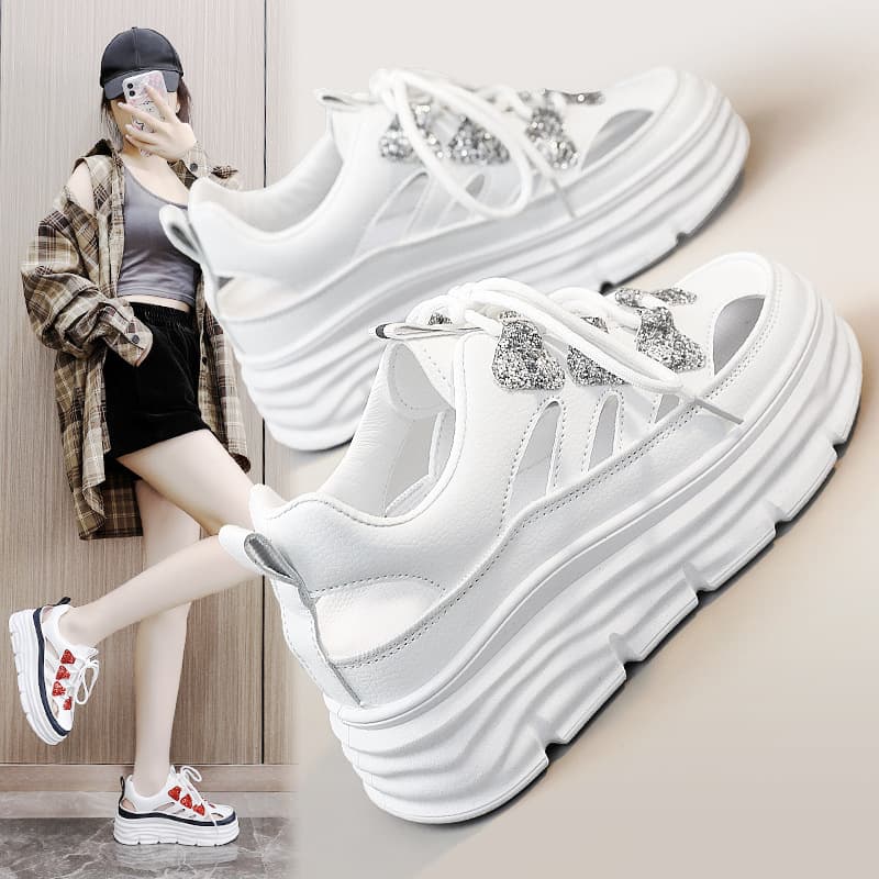 W3611 New Breathable Women's Shoes 2023 Summer Fashion Hollow Thick Sole Hidden Height Increase Casual Shoes Trendy Women's Shoes for Students
