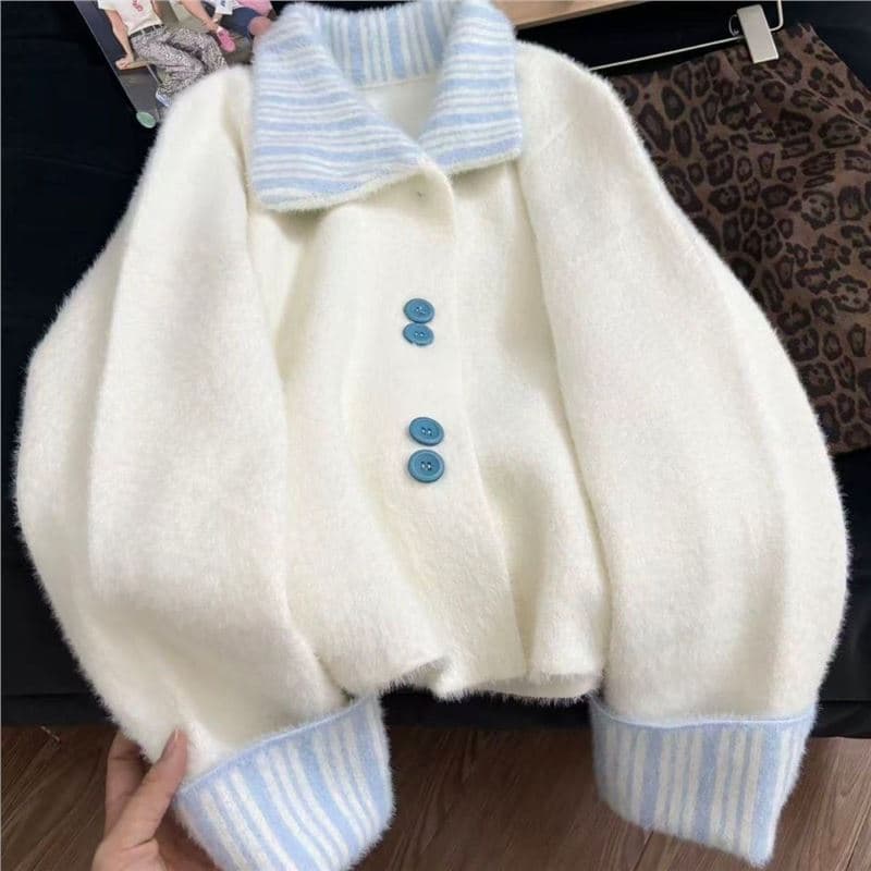 Autumn/Winter 2025 New Korean Style Faux Mink Collar Jacket, Lazy Elegant Color Block Striped Knit Coat