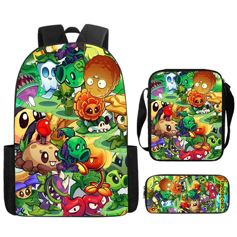 Cartoon Plants vs. Zombies Pattern Backpack Set, Primary School Student Backpack, Shoulder Bag, Large Capacity Pencil Case