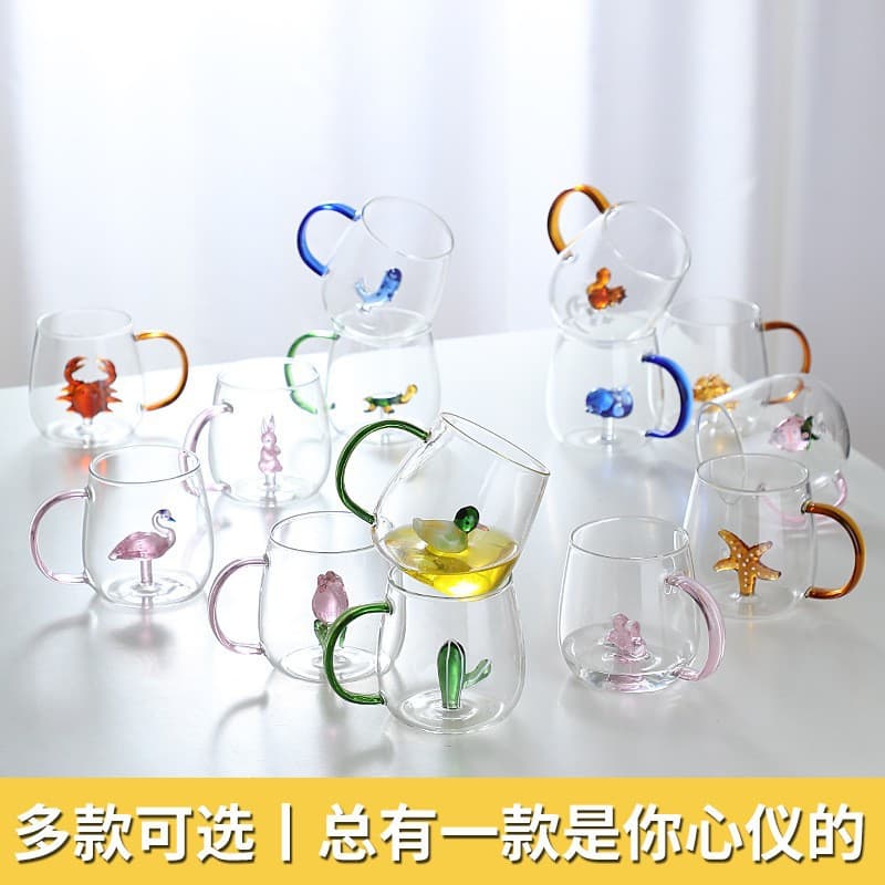 New three-dimensional animal shape glass color handle cartoon animal cup high borosilicate glass household gift handle cup