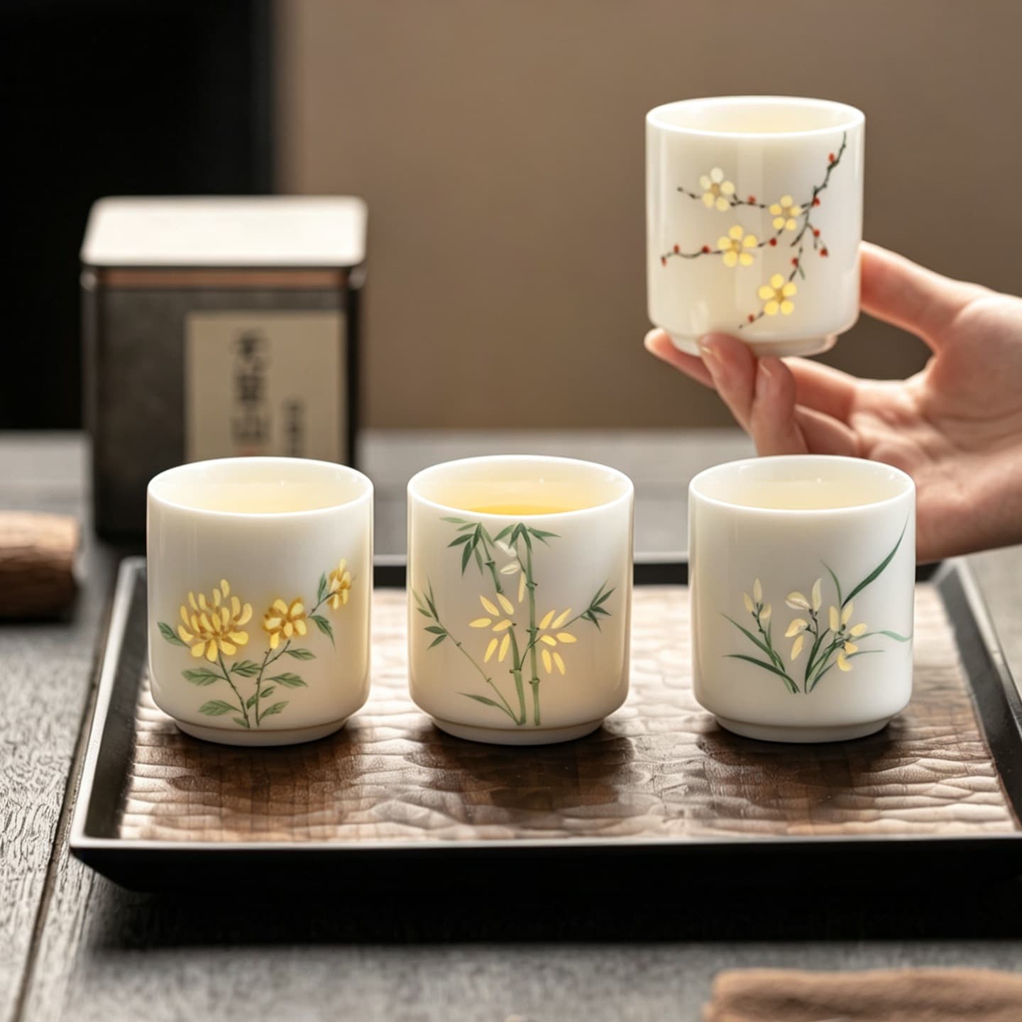 Linglong Porcelain Hand-Painted Master Cup Set Ceramic Tea Cup Home Kung Fu Tasting Cup Plum Orchid Bamboo Chrysanthemum Tea Bowl Gift Box