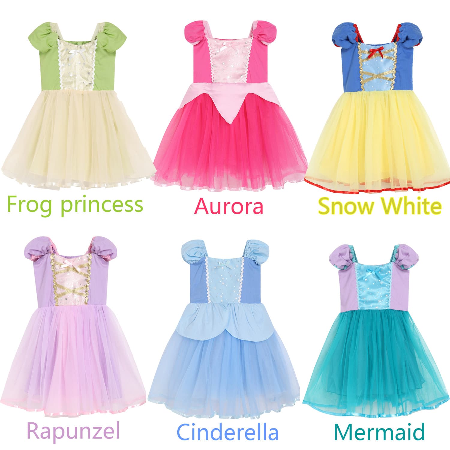 Cotton Super Quality Snow White Girls Dress Mermaid Little Dress Rapunzel Princess Dress Frog Princess