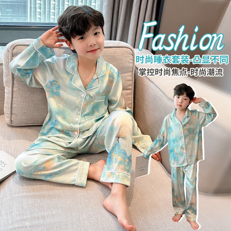 Boys Sleepwear Set Ice Silk Long Sleeve Thin Home Clothes Spring Summer Comfortable Breathable Moisture Wicking Cartoon Pattern