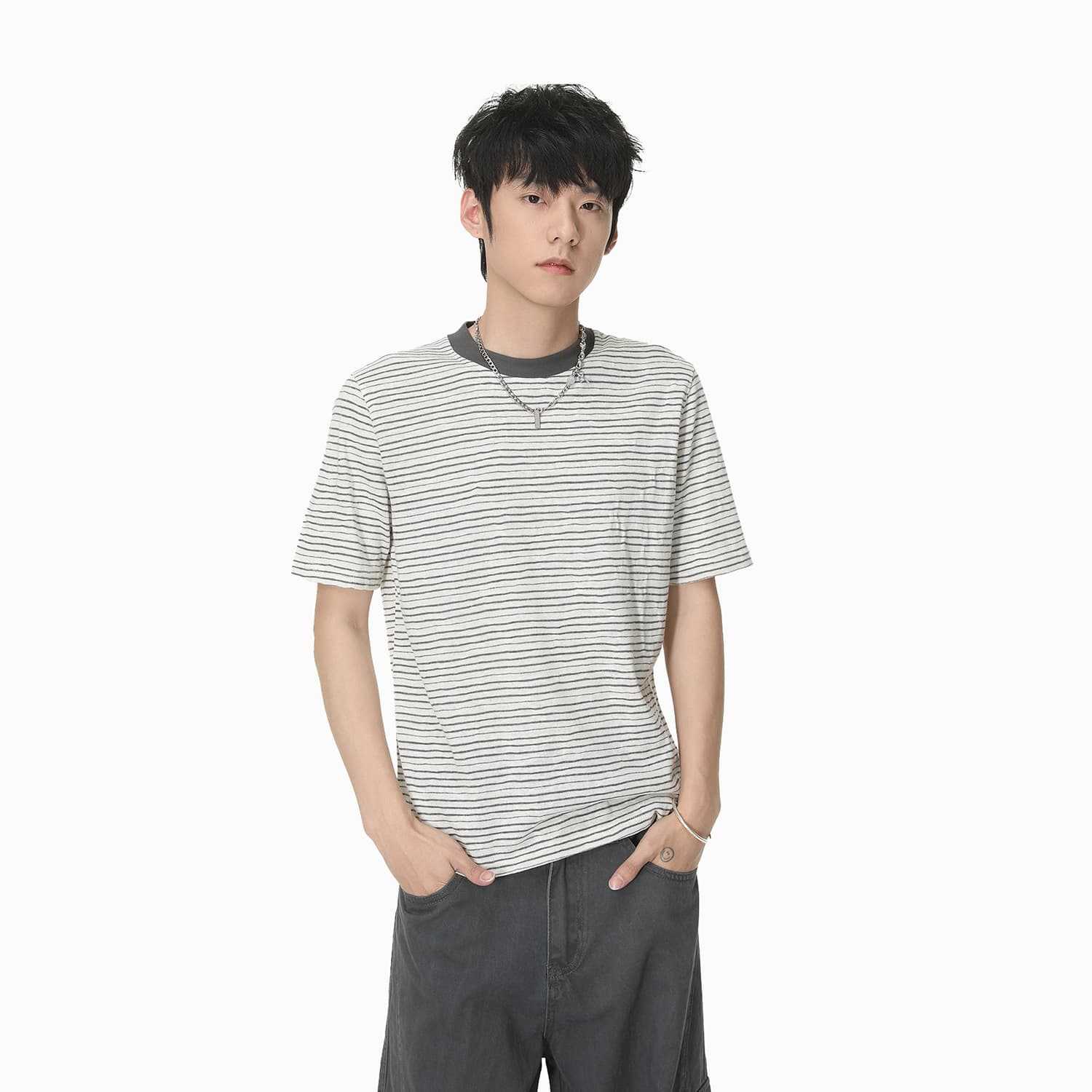 MTLCLOTHES Men's Clothing | American Contrast Fine Stripe Round Neck Versatile Commute Loose Short Sleeve Casual T-Shirt Top