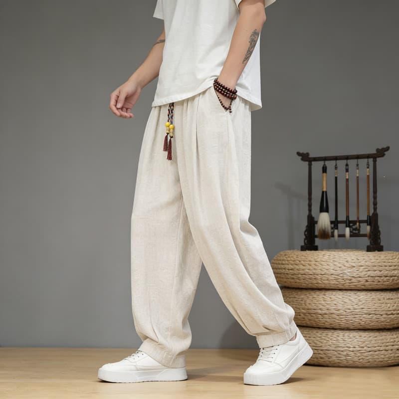 Men's Linen Pants for Summer - Thin, Loose, Flowing Chinese Style Wrap Closure Wide Leg Pants, Large Size Slimming Cotton Linen Pants, Tai Chi Pants