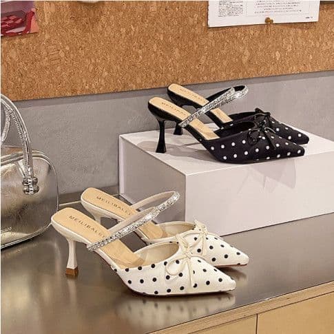 New Rhinestone Bow Mule Slippers for Women, Pointed Toe, Polka Dot, Thin Heel, Summer 2024