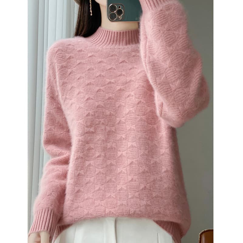 2025 new pure wool sweater women's half turtleneck solid color pullover loose casual long-sleeved bottoming sweater