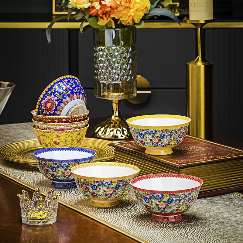 Enamel Painted 4.5-inch Rice Bowl Jingdezhen Bone China Round Bowl Palace Style Antique Imitation Gift Bowl Stemmed Small Soup Bowl