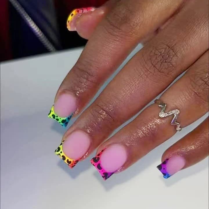 Short Square Press-On Nails Colorful Leopard French Frosted Wearable Nails for Girls Cross-Border Fake Nails