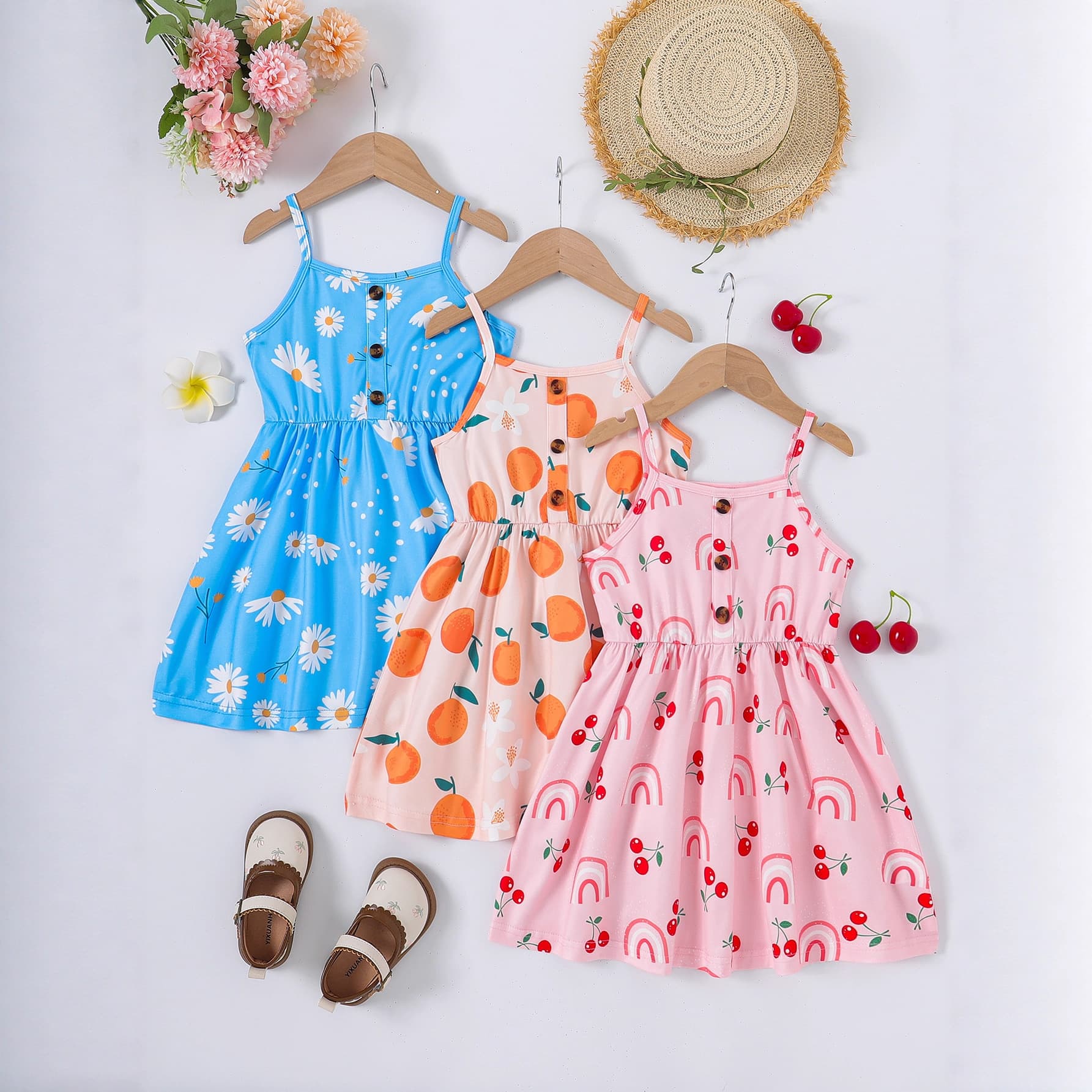 Young Girls Suspender Cartoon Fruit Orange Cherry Blossom Flower Print Stitching Casual Dress 3-Piece Set