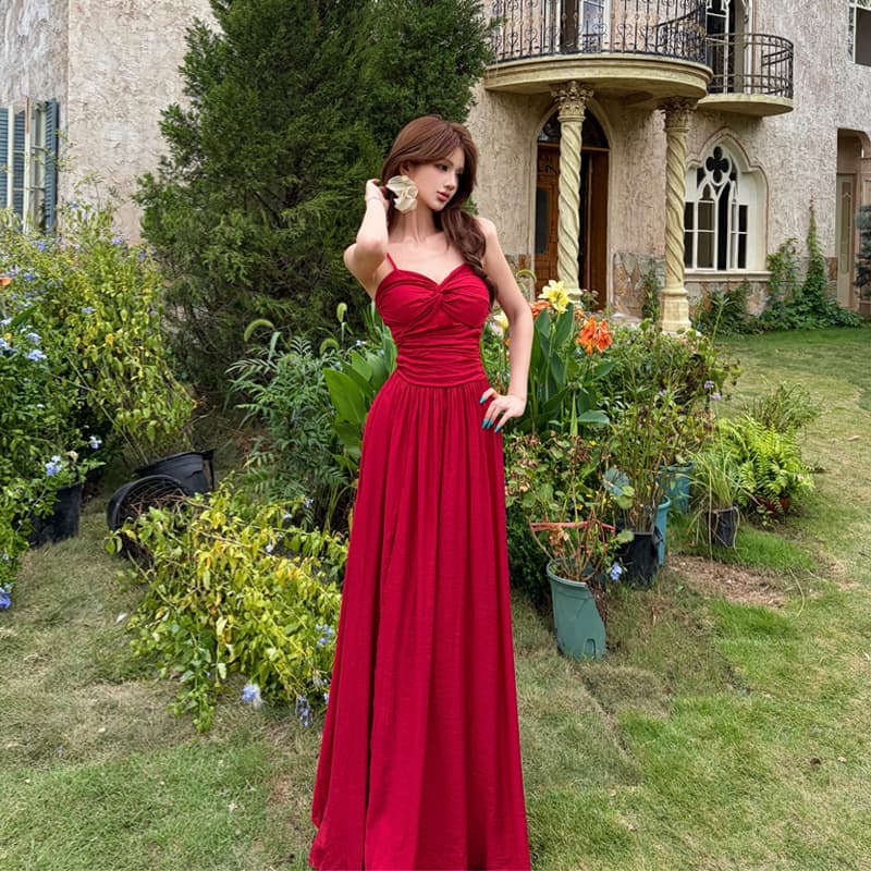 Vintage Wine Red Strapless Dress for Women, Beach Vacation Waist-Cinching Flared Maxi Dress, Sanya Beach Slimming Fairy Dress