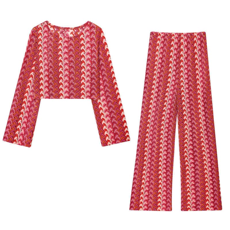 Women's Knitted Crochet Striped Round Neck Long Sleeve Pullover Top with Sexy Pants Set