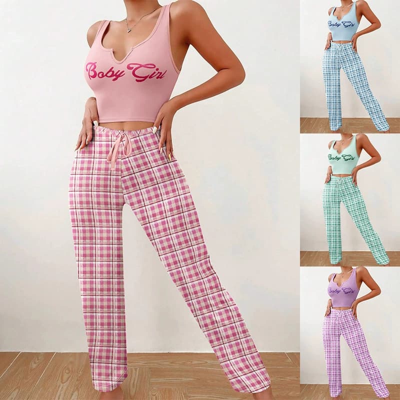 BabyGirl Loungewear Vest Color Block Plaid Pants Letter Print Top Pajama Casual Versatile European American Style