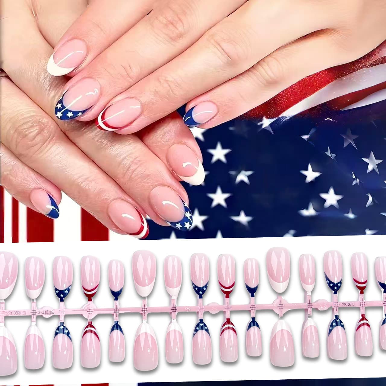 American Flag French Almond Press-On Nails Cross-Border Trade Ins Style Nail Tips Independence Day Fake Nails