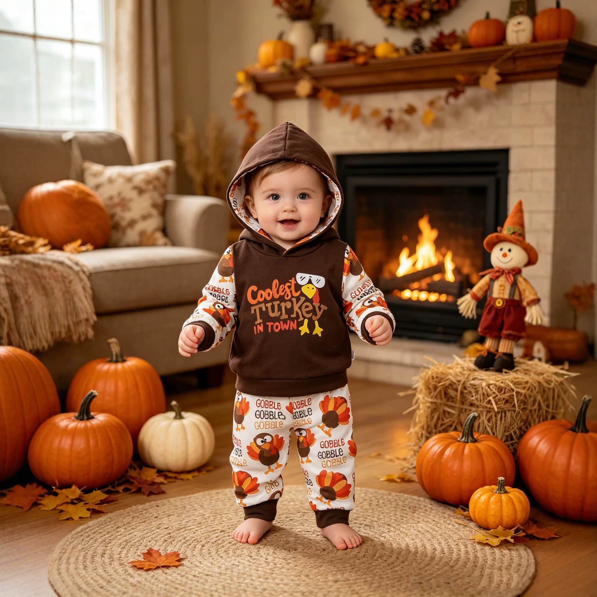 Children's Clothing Wholesale Autumn/Winter New Arrival Thanksgiving Cartoon Print Baby Boy Long Sleeve Hooded Top and Pants Set