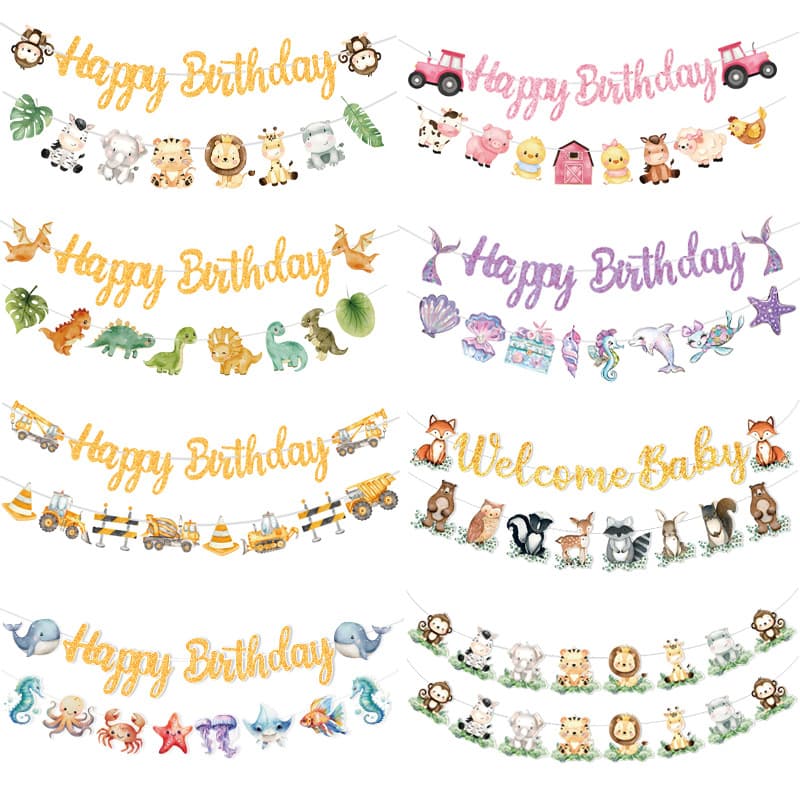 Happy Birthday Mermaid Cartoon Banner Kids Birthday Decoration Party Bunting Jungle Animal Dinosaur Butterfly Flag