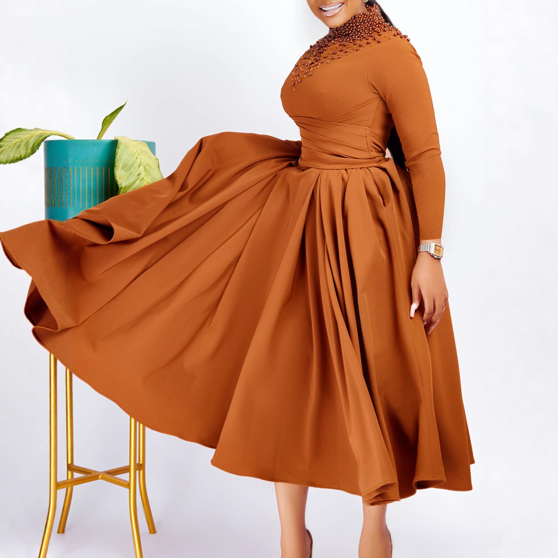Amazon Cross-Border 2025 Autumn New Women's Fashion Elegant Commuter High-Neck Long-Sleeve Dress