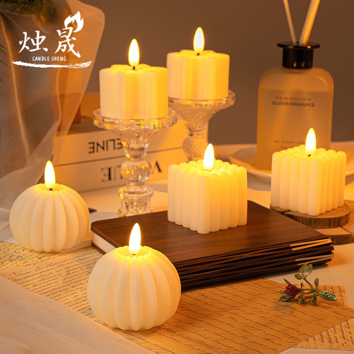 Pumpkin LED Candle Decoration Photo Prop Simulated LED Candle Light Cube Halloween Ambiance Lamp