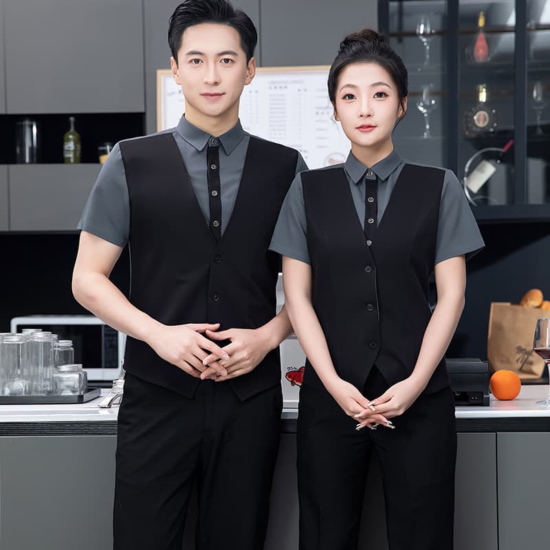 KTV Service Uniform Faux Two-Piece Short Sleeve Shirt for Men and Women, Hotel Front Desk Vest, Western Restaurant Bar Bartender Workwear