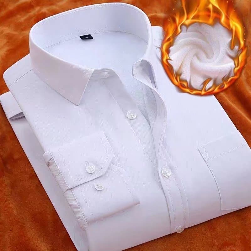 Autumn Winter White Shirt Men Long Sleeve Fleece Lined Warm Casual Solid Color Slim Fit Business Young Men Korean Style Shirt Men's Clothing