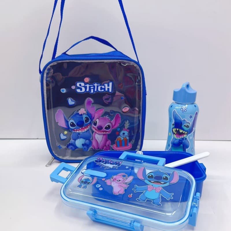 Cartoon Stitch Square Two-Compartment Lunch Box Student Outdoor Bento Box with Water Bottle and Spoon Stitch Food Storage Container