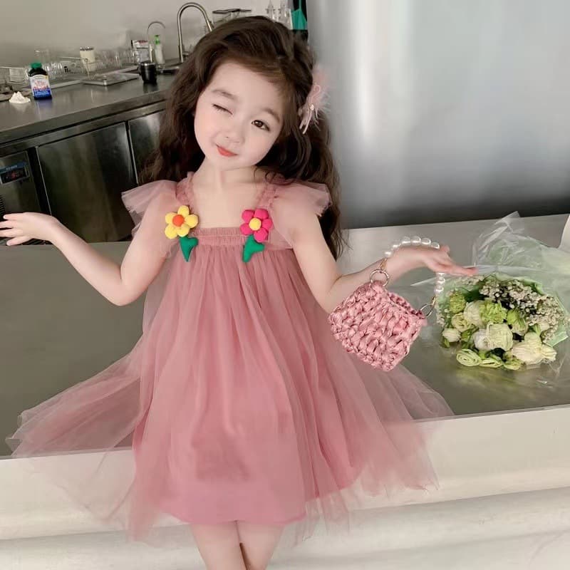 Girls' 3D Floral Sleeveless Tulle Dress Summer Baby Princess Birthday Party Dress Korean Style