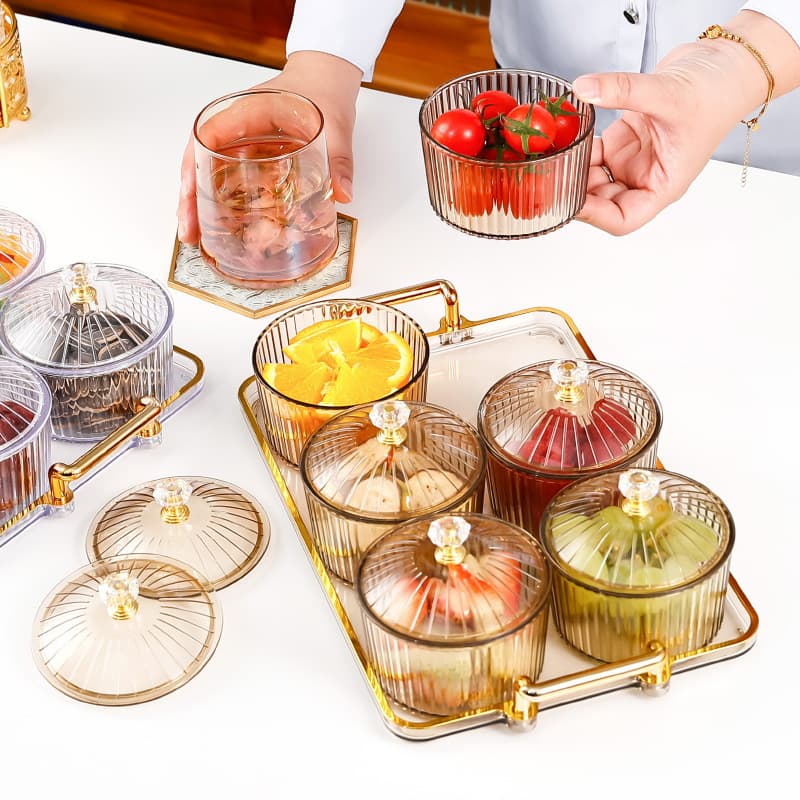 Nordic Luxury Nut Dish, Snack Plate, Transparent Round Fruit Plate with Compartments, Fruit Basket