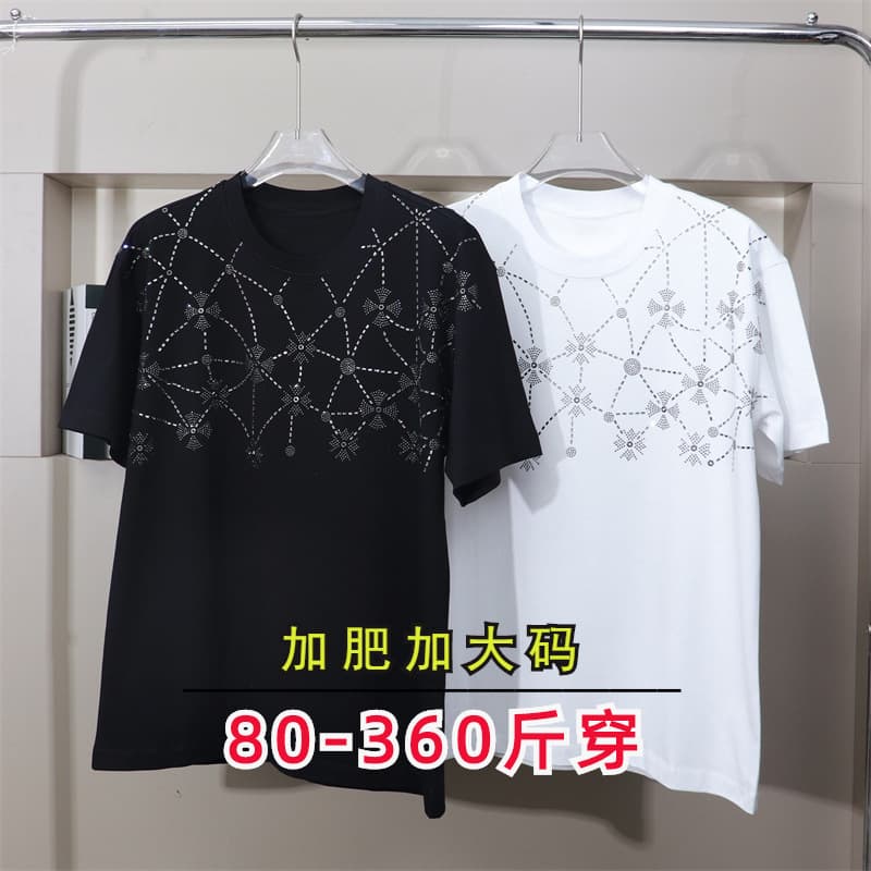 Rhinestone Mesh Loose Short-Sleeve T-Shirt for Plus-Size Individuals, Unique Heavy-Duty Design, New 230g Heavyweight Summer Pure Cotton T-Shirt for Men