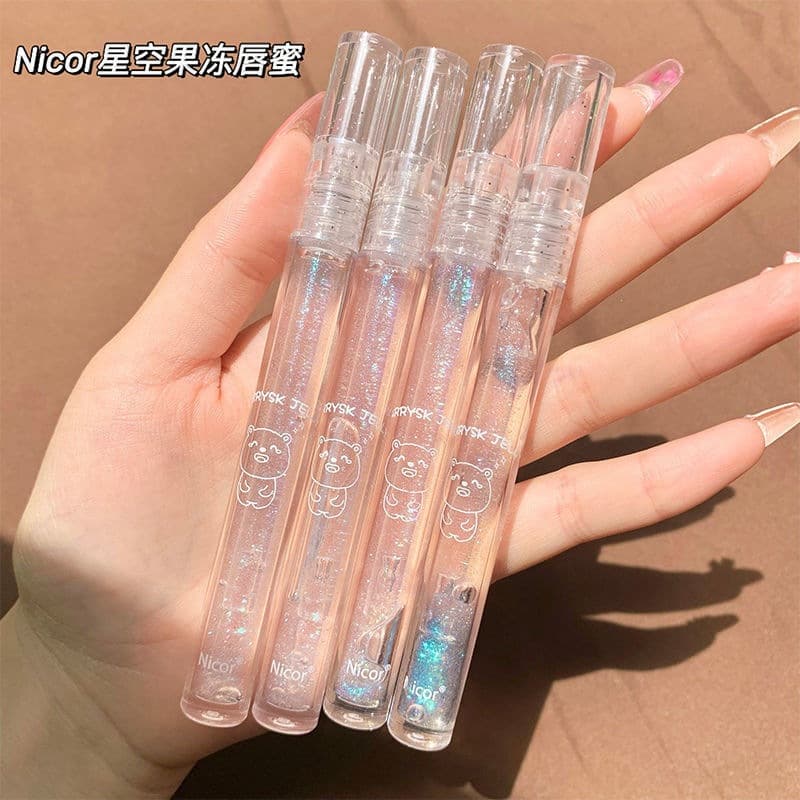 NICOR Cup Bear Mirror Water Gloss Juice Lip Gloss Transparent Colorless Blue Sparkle Lip Oil Moisturizing Lip Gloss