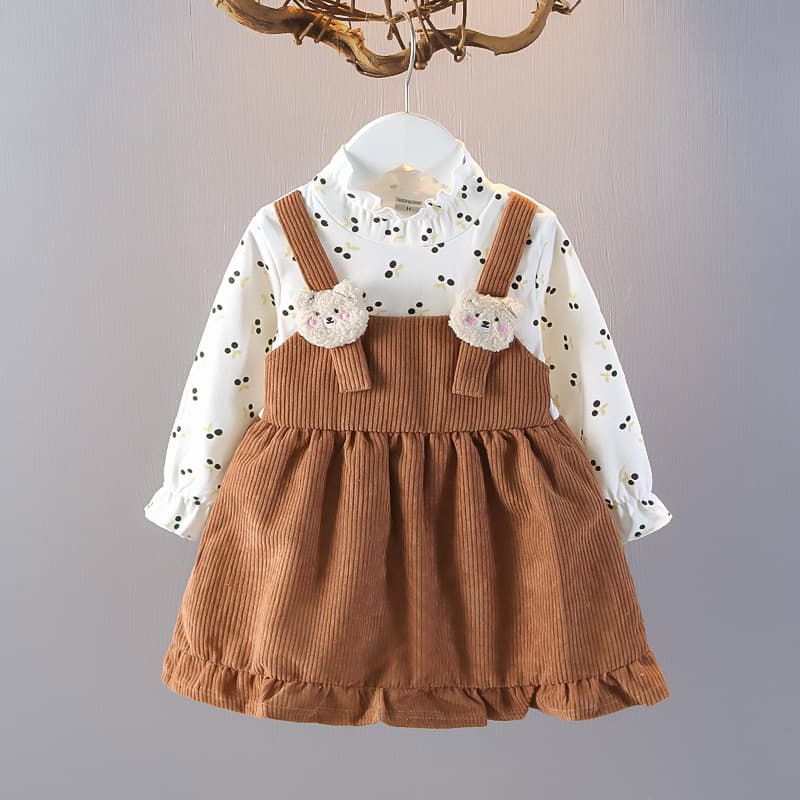 Girls Dress Spring and Autumn 2025 New Children's Long Sleeve Children's Clothes Cute Cherry Bear Strap Dress