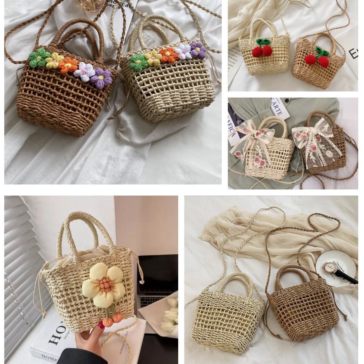 Fresh Sweet Style Mini Square Handbag Straw Woven Handbag Paper Rope Hollow out Casual Single Shoulder Bag Summer Floral Fashion