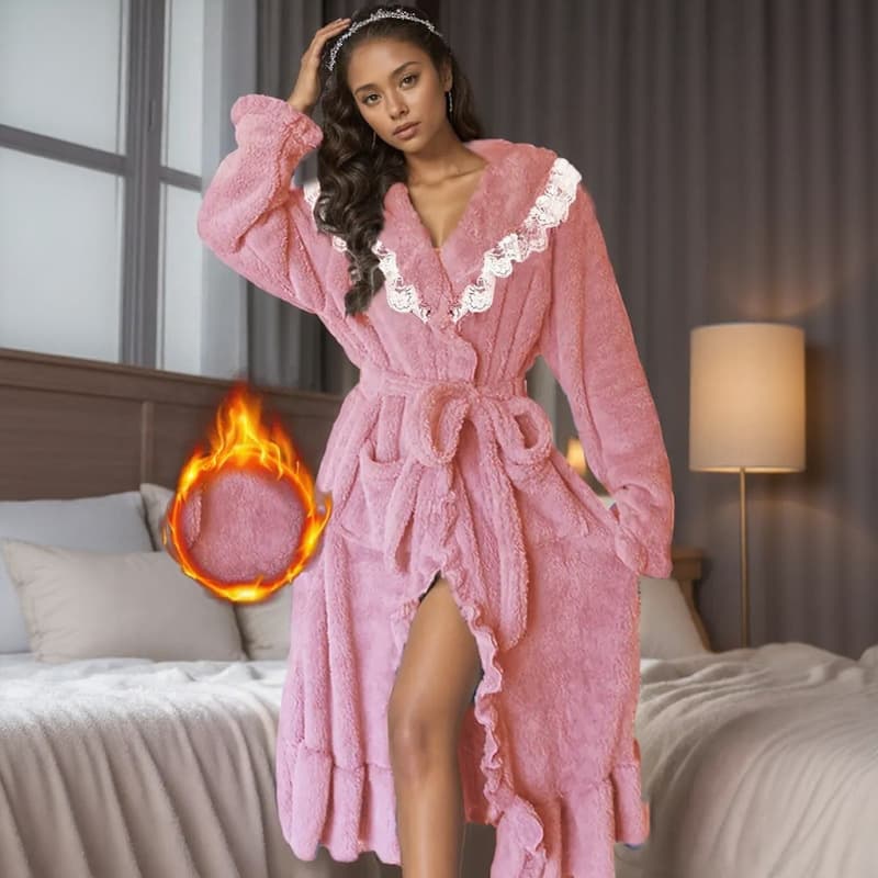 Winter Women's Nightgown, Palace Retro Lace Bathrobe, Lace-Up Lapel Pajamas, Home Wear, Flannel