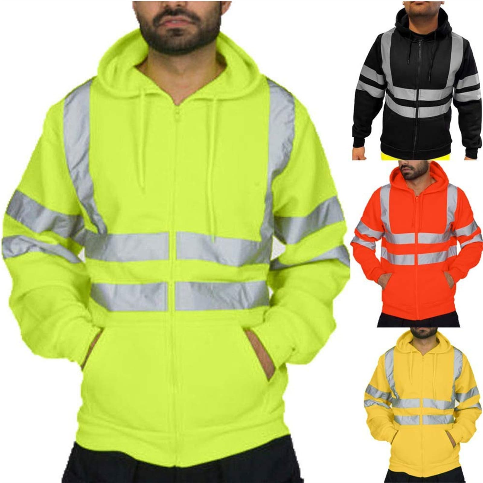 Cross-border Trade Hot-selling Men's Reflective Strip Zipper Cardigan Sanitation Fleece Lined Hooded Zipper Reflective Strip Jacket