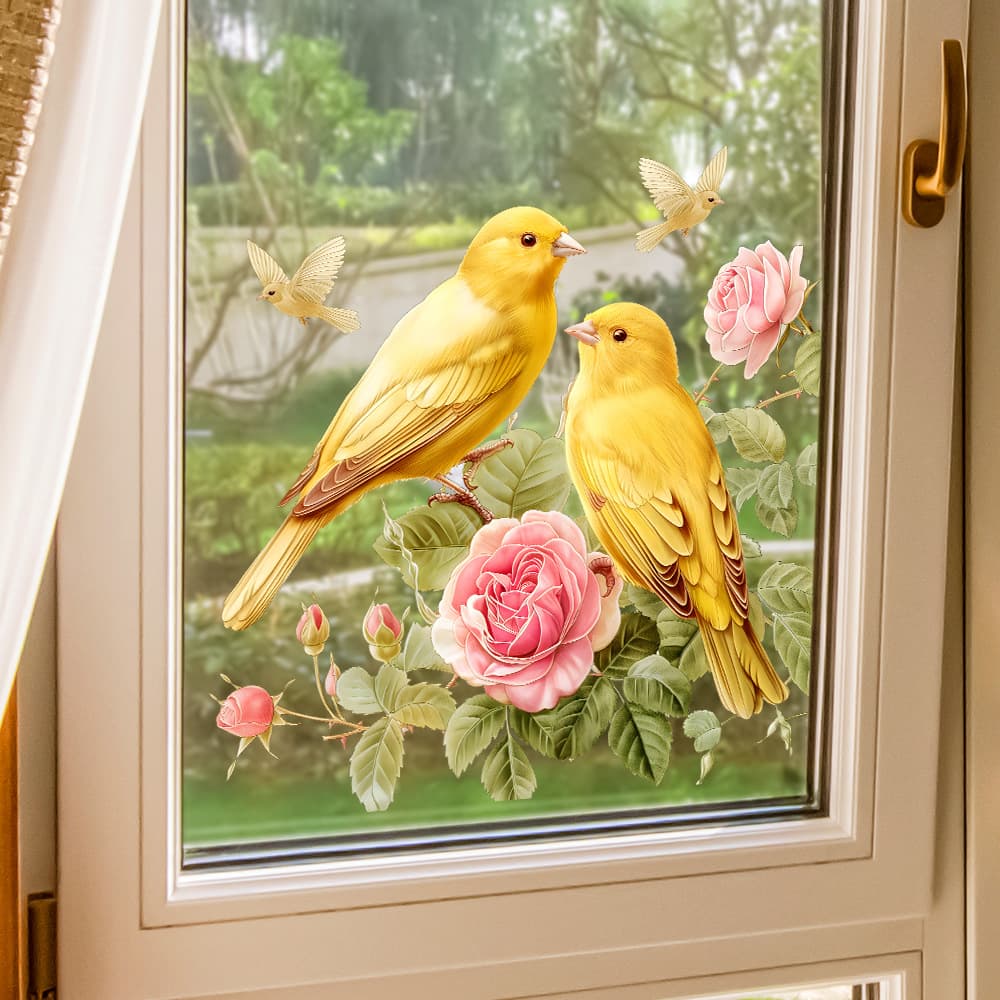 AD33245 fully transparent pastoral gorse pink rose window sticker, fresh flower and bird bedroom balcony window decoration sticker
