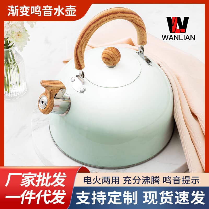 Amazon new light blue whistling kettle, stainless steel for tea and coffee, European and American 3L luxury kitchenware with wooden handle