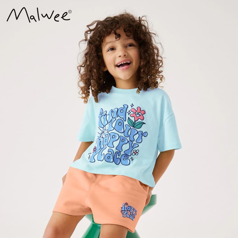 Malwee Spring Summer New Casual Short Sleeve Girls Set Two Pieces Outfit Soft Cotton Floral Letter Print Comfortable Children Wear
