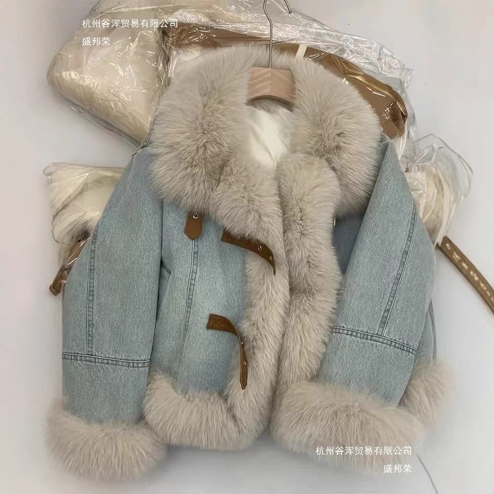 Manufacturer Plush Coat Korean Style Down Jacket Fur Collar Blue Denim Jacket Women Winter Quilted Thick Warm Versatile