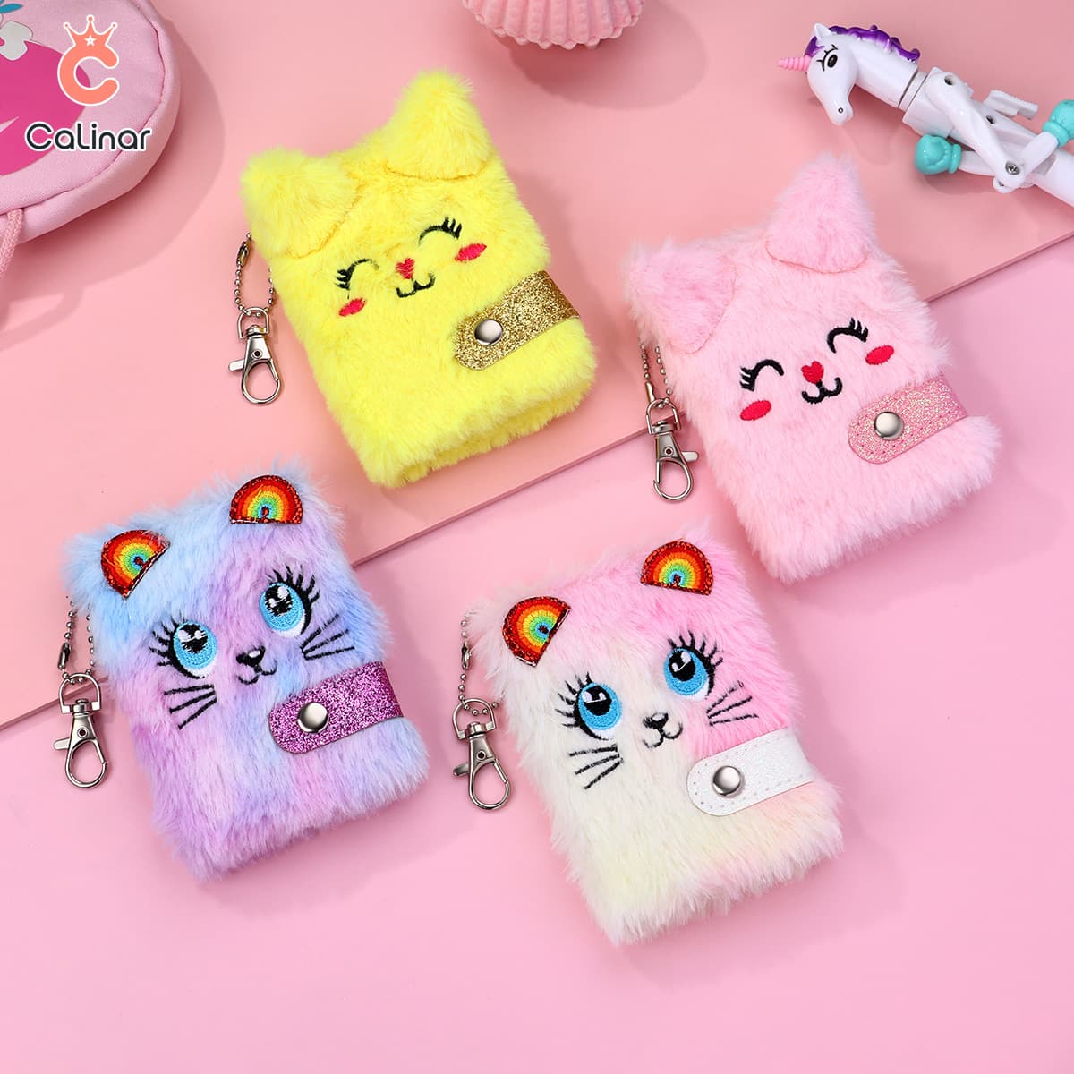 New Children's Cartoon Kitten Plush Notebook - Portable Mini Pocket Book with Keychain Attachment