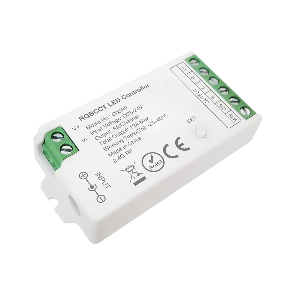 Custom Mold C05 RF2.4g RGBCCT Light Strip Controller, Supports 2.4G Remote + Smartphone APP