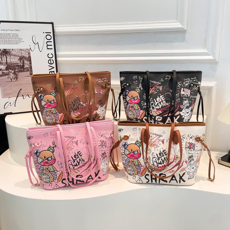 Women's Printed Tote Bag with Bear Graffiti, Summer New Handbag, Versatile Large Capacity Tote Bag