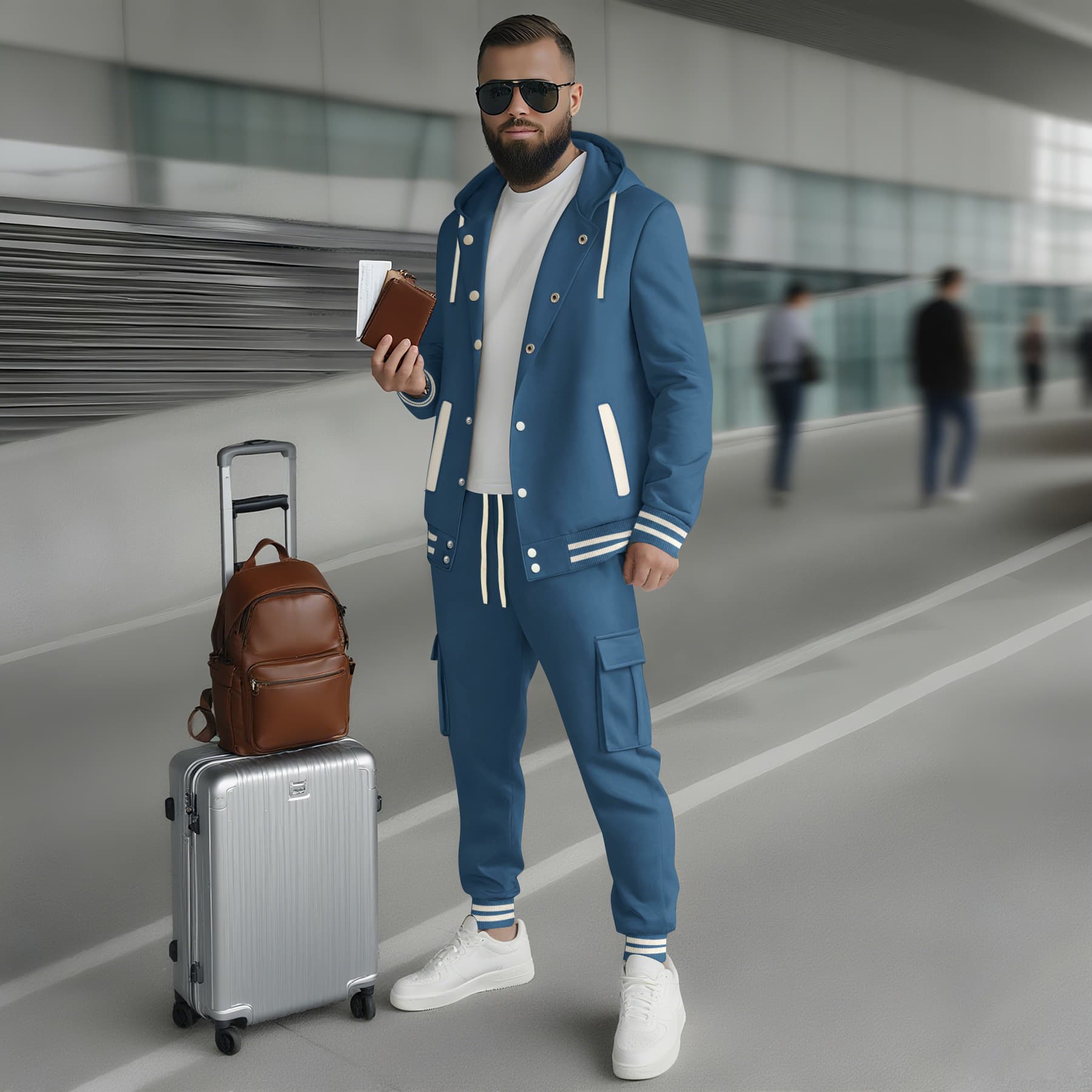 European and American Cross-Border Autumn/Winter New Men's Large Twill Hooded Baseball Jacket Cardigan Hoodie Long Sleeve Workwear Long Pants Set