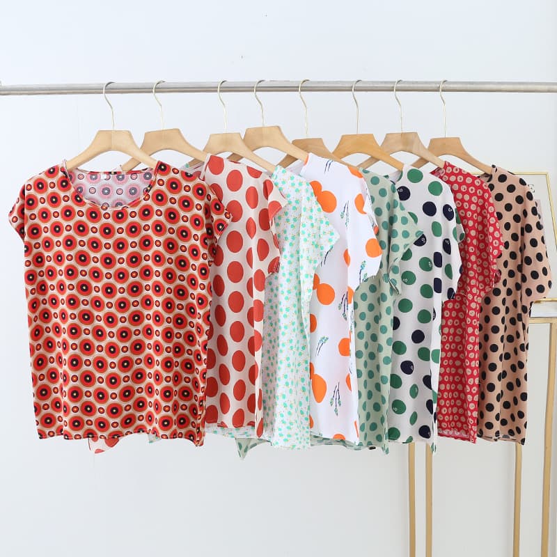 Summer Cotton Silk Printed Top for Women, Thin Loose-Fit Slimming Short Sleeves, Artificial Cotton Outerwear, Round Neck T-Shirt