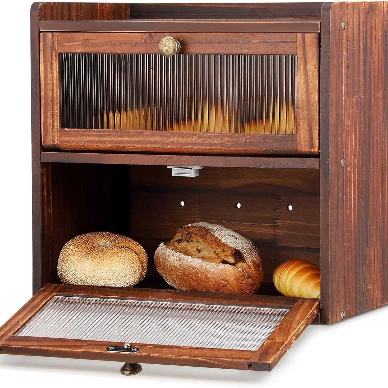 Kitchen Countertop Bread Box 3-Tier Wooden Bread Box Farmhouse Coffee Bar Countertop Pantry Rack Storage Container