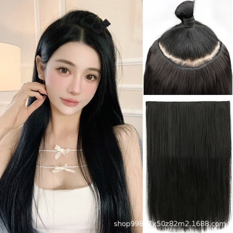 Straight Hair Wig Clip-In Piece for Women, 5-Clip Weft, Realistic Hair Strands, Invisible Seamless Long Straight Hair Extensions