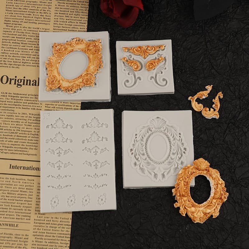 Vintage Pattern Mirror Frame Carved Silicone Fondant DIY Cake Baking Chocolate Mold Handmade Decoration