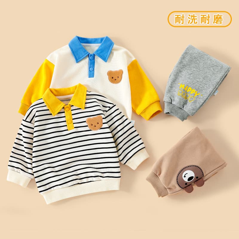 2403+2402 Spring/Autumn New Casual Set Children's Hoodie and Sweatpants, Collared Polo Shirt, Stylish Long-Sleeve Outdoor