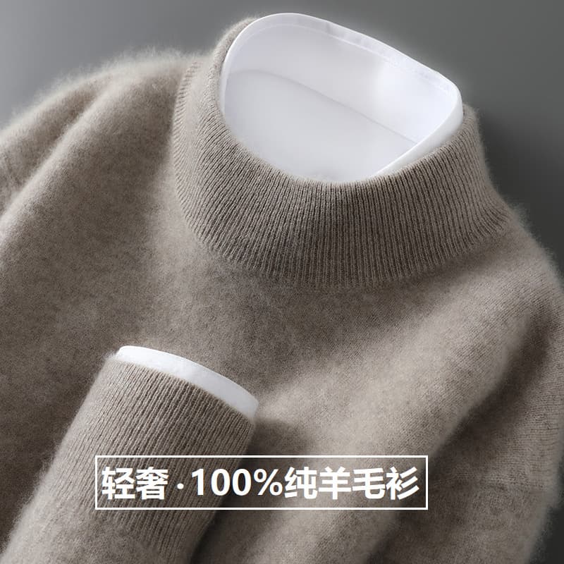 Cross-border Supply 100% Pure Wool Men's Half Turtleneck Knit Pullover Sweater Casual Loose Fit Base Layer Cashmere Sweater