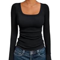 AUTOMET Women's Long Sleeve Blouse Square Neck Top Ribbed Knit Basic Crop Top